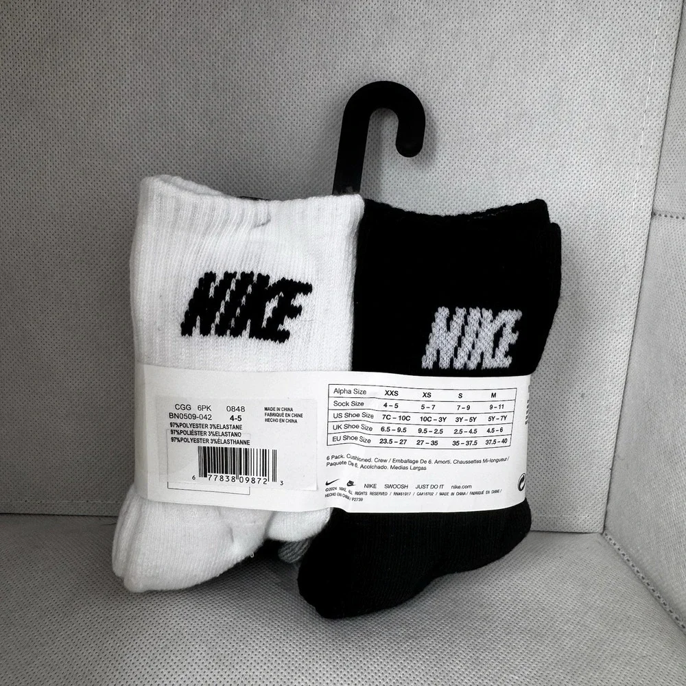 Nike Kids Crew Socks 6 Pairs Cushioned White Black Grey XXS 7C-10C BN0509-042